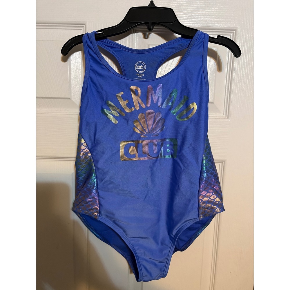 Wonder Nation Girls Blue Mermaid Club One Piece Swimsuit Iridescent XXL 18